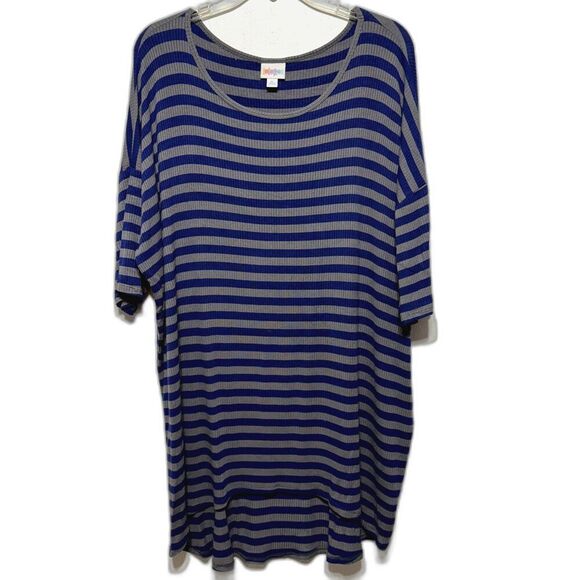 LuLaRoe Tops - LuLaRoe Tunic Pullover Short Sleeve Blue Gray Stripe Ribbed Shirt Women sz XL